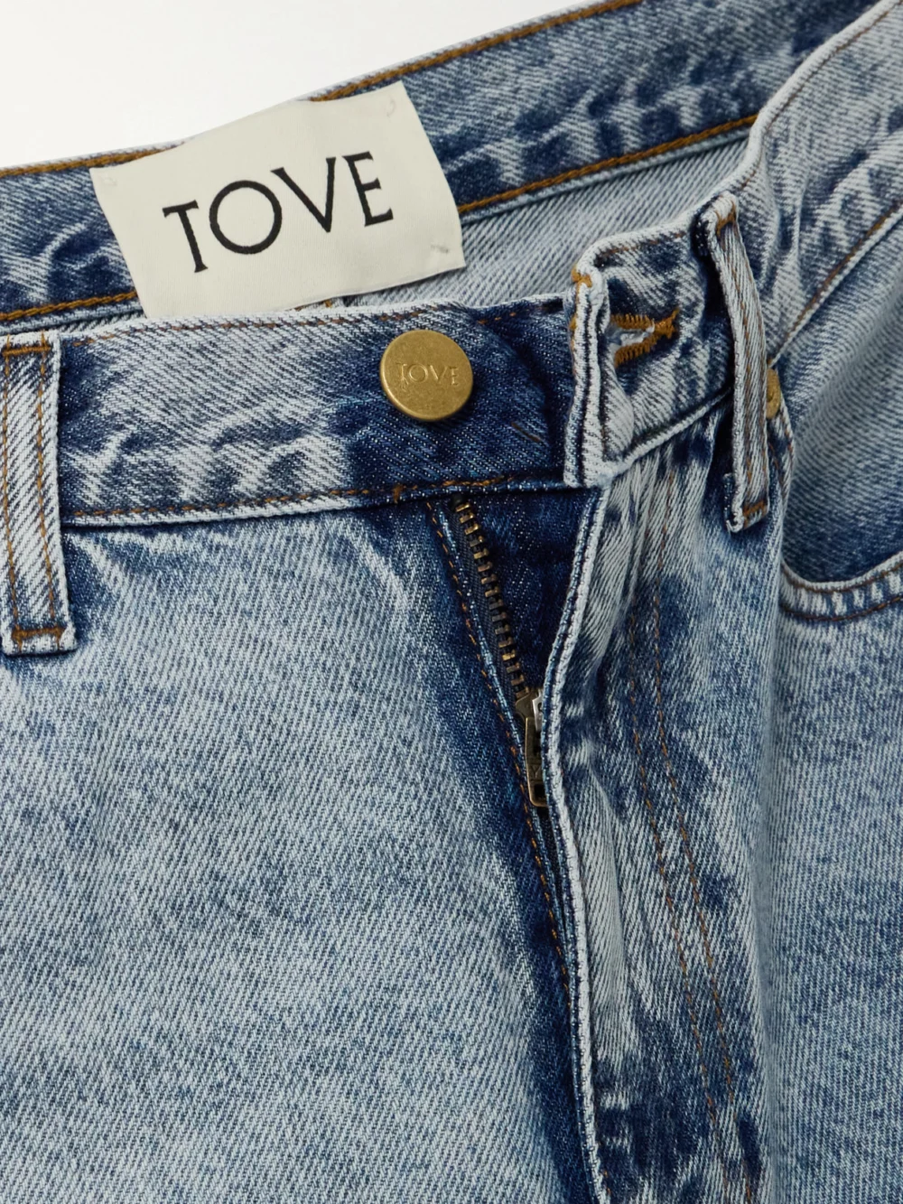 Close-up detail of the Tove Sofie Recycled Mid-rise Straight-leg Jeans