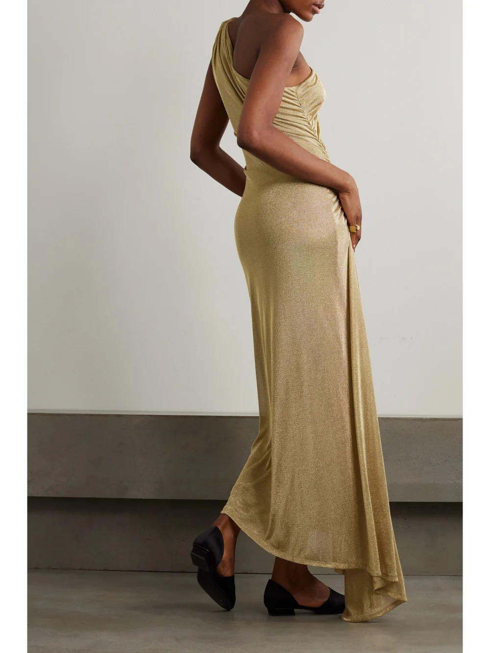 Back view of the Tove Vivien One-shoulder Ruched Metallic Knitted Maxi Dress