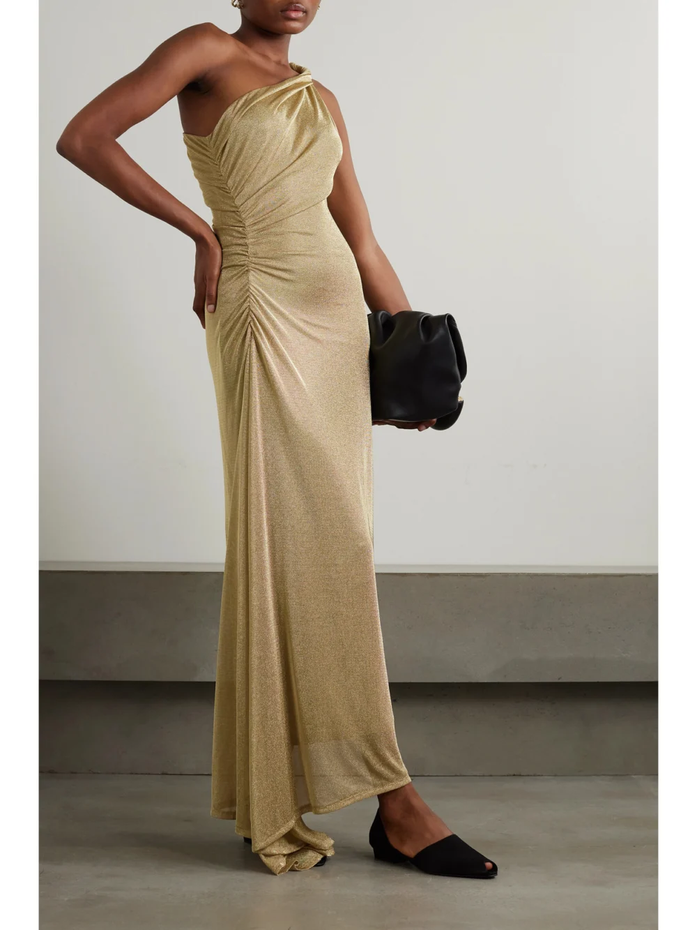 Tove Vivien One-shoulder Ruched Metallic Knitted Maxi Dress, worn by a model