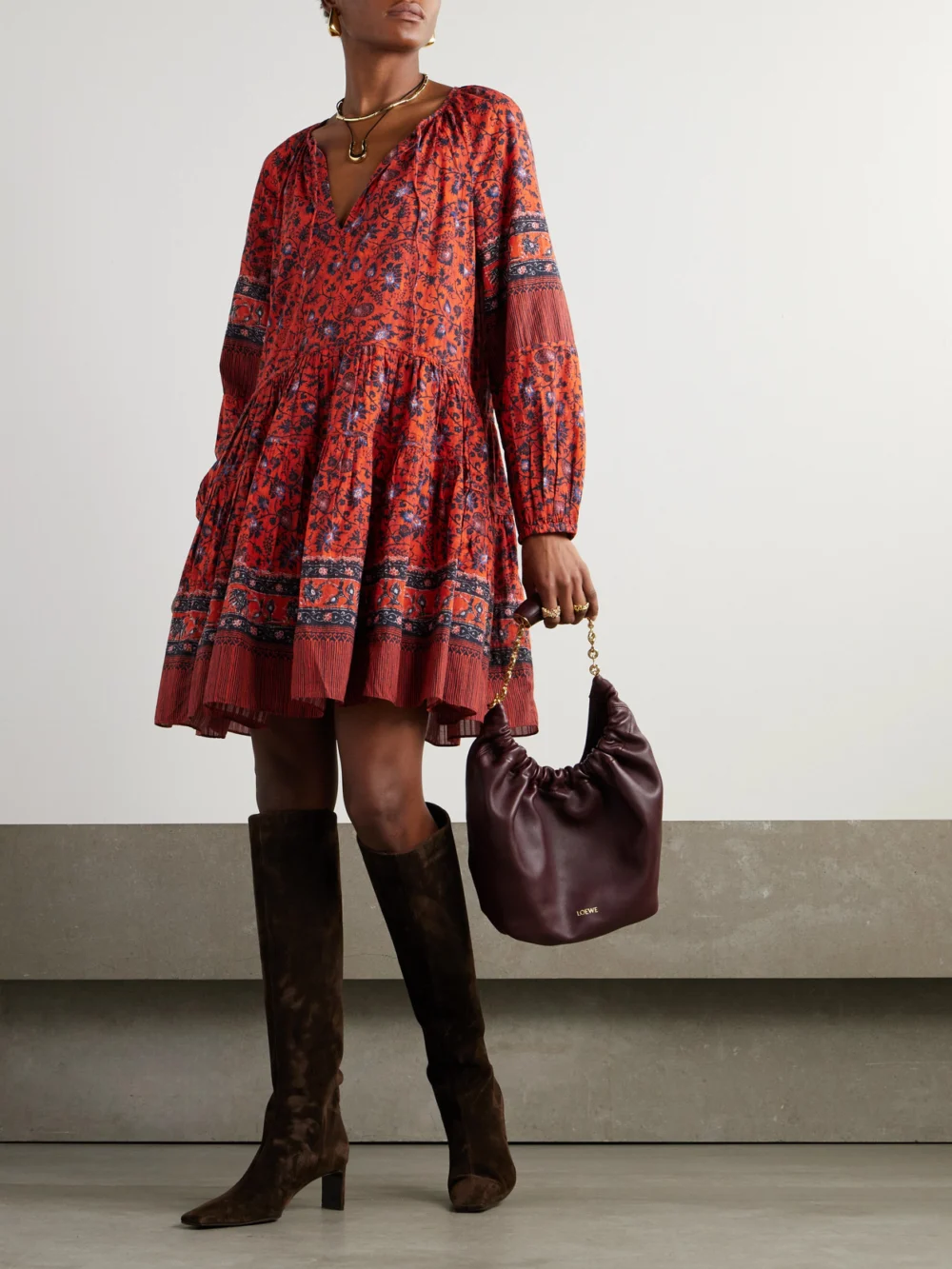Ulla Johnson Abri Belted Tiered Printed Cotton-blend Voile Mini Dress, worn by a model