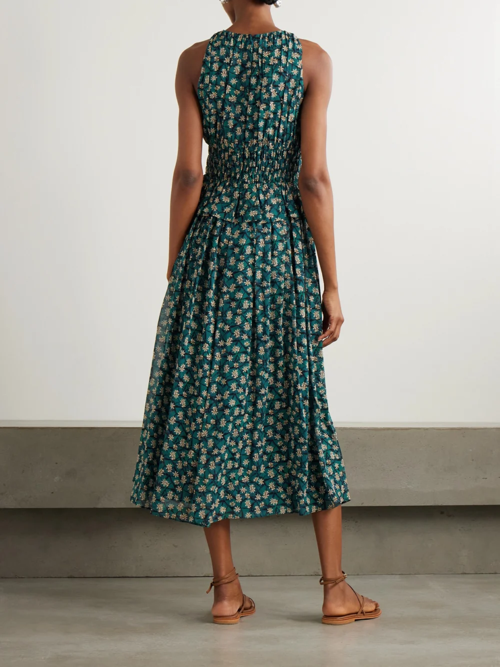 Back view of the Ulla Johnson Adeline Shirred Floral-print Silk Crepe De Chine Midi Dress