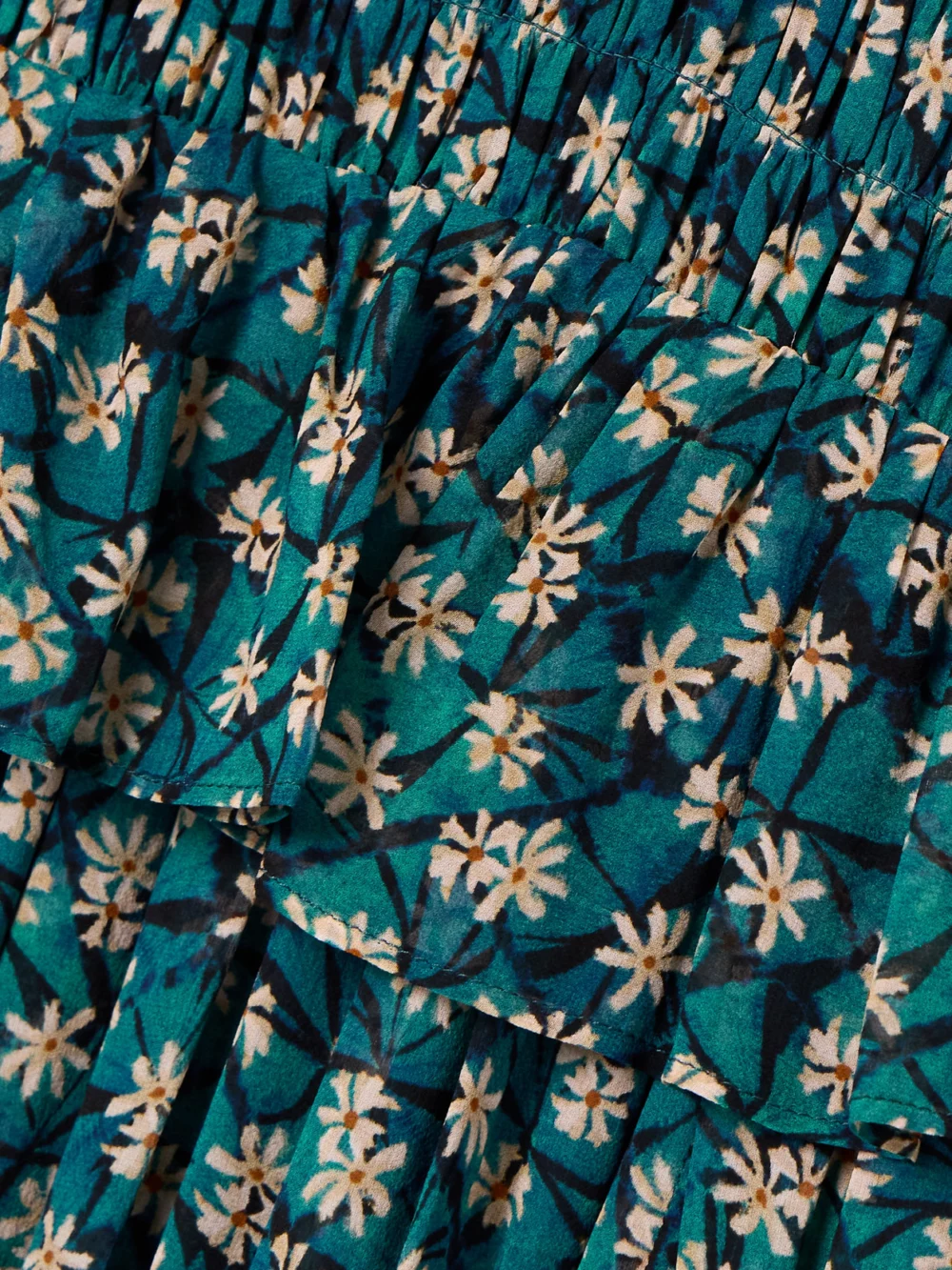 Close-up detail of the Ulla Johnson Adeline Shirred Floral-print Silk Crepe De Chine Midi Dress