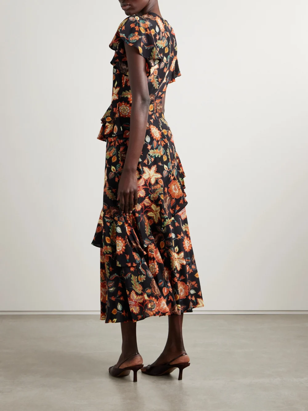 Back view of the Ulla Johnson Amaia Tiered Ruffled Floral-print Silk Midi Dress