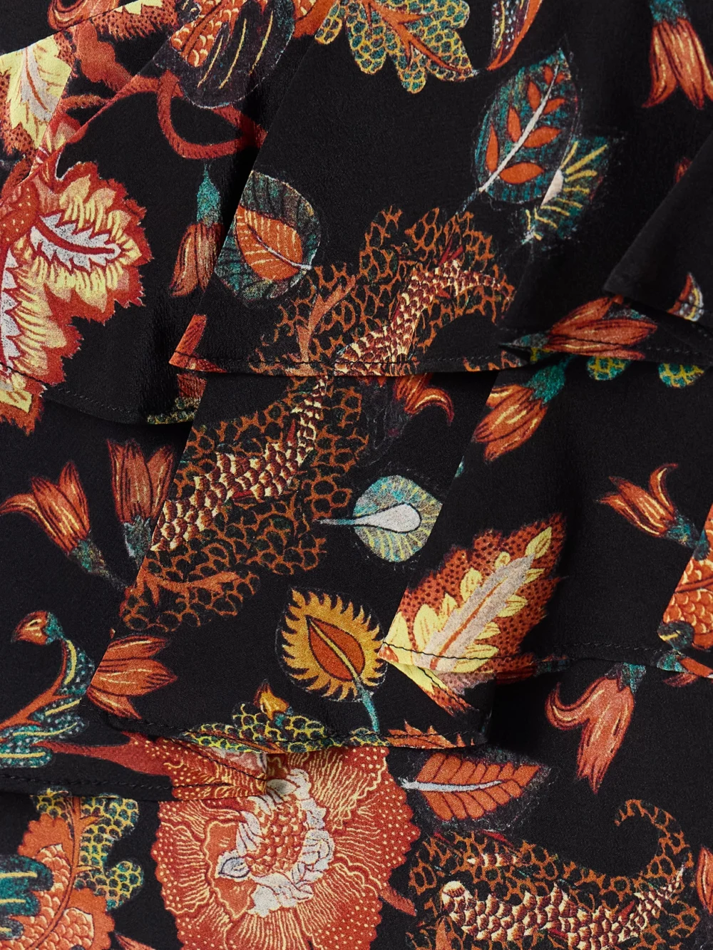 Close-up detail of the Ulla Johnson Amaia Tiered Ruffled Floral-print Silk Midi Dress