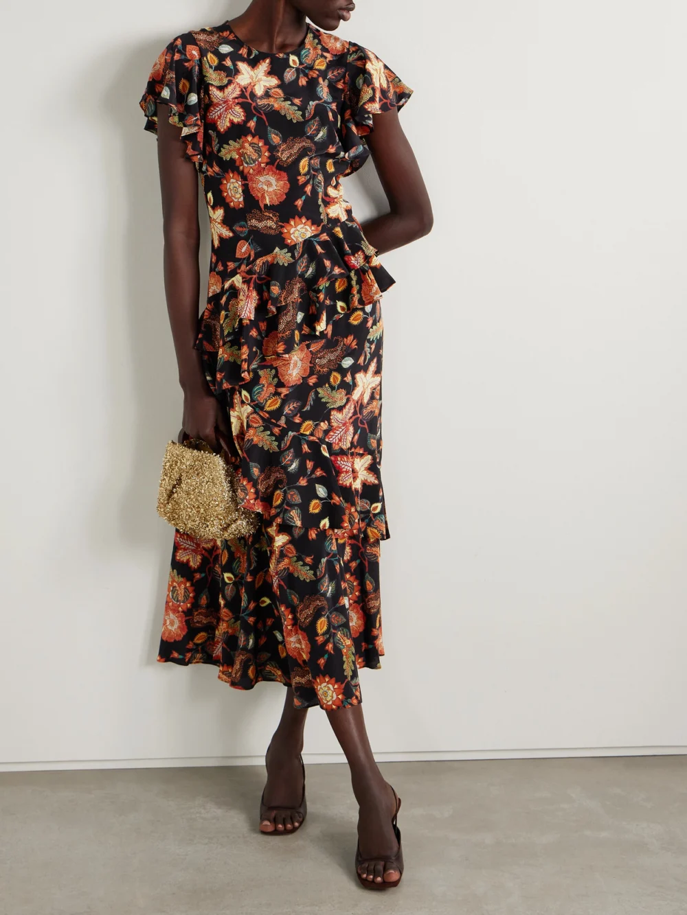 Ulla Johnson Amaia Tiered Ruffled Floral-print Silk Midi Dress, worn by a model