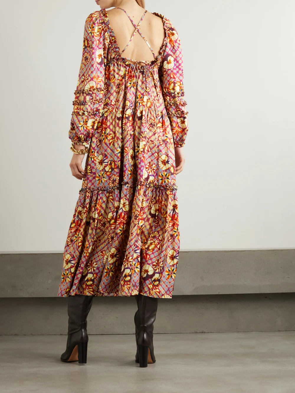 Back view of the Ulla Johnson Anastasia Lace-up Printed Silk-habotai Midi Dress