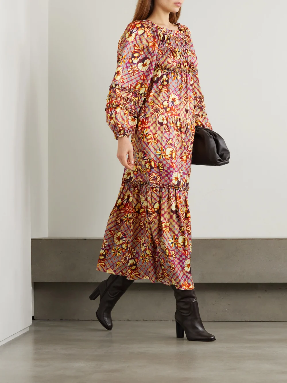Ulla Johnson Anastasia Lace-up Printed Silk-habotai Midi Dress, worn by a model
