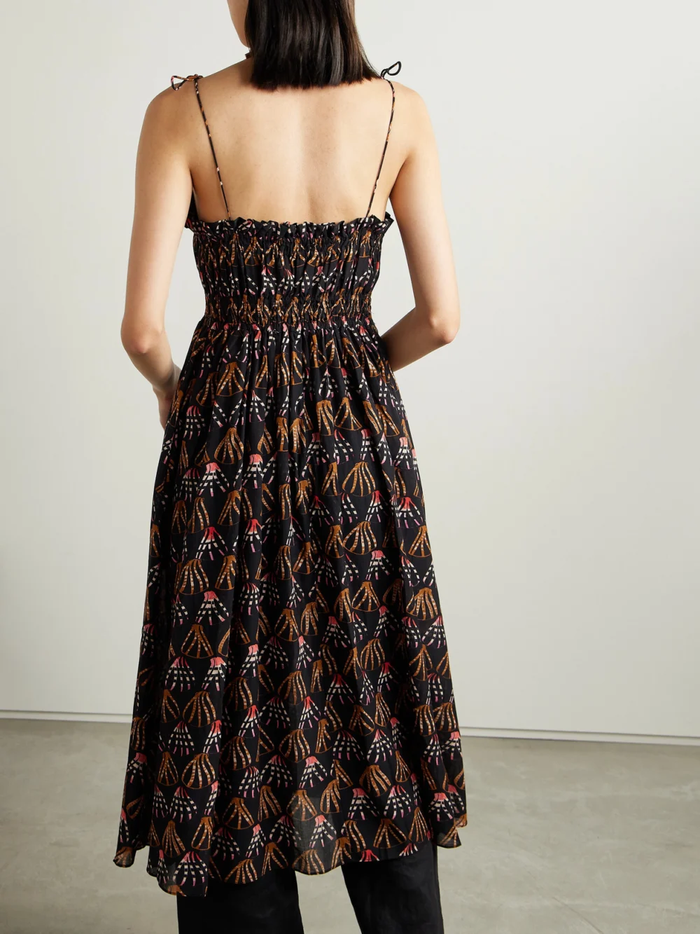 Back view of the Ulla Johnson Asli Ruffled Printed Cotton-blend Voile Midi Dress