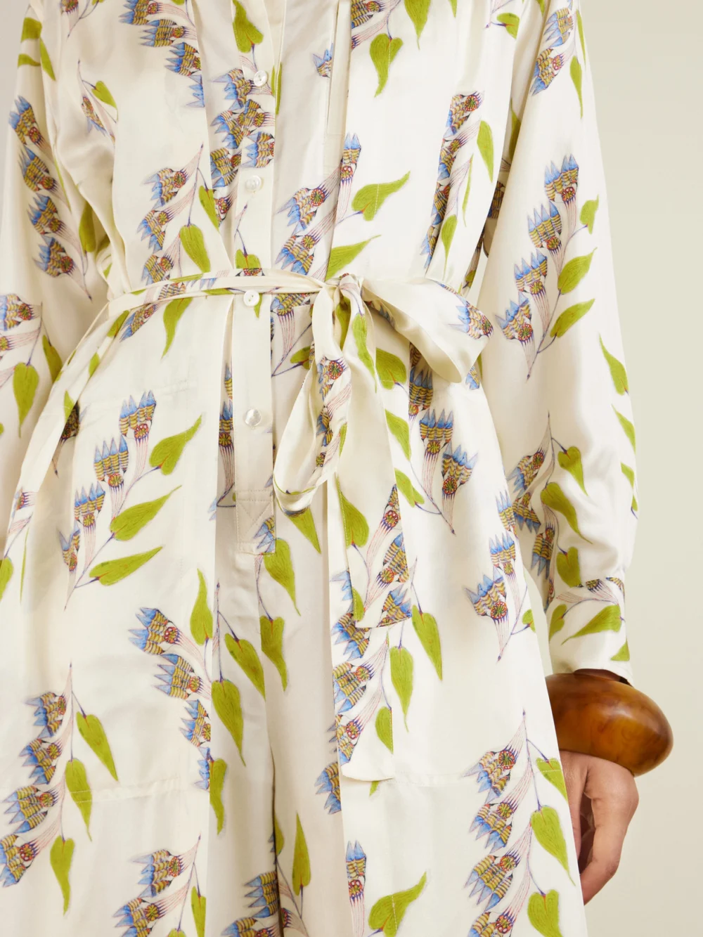 Close-up detail of the Ulla Johnson Bricolage Belted Floral-print Silk-twill Jumpsuit
