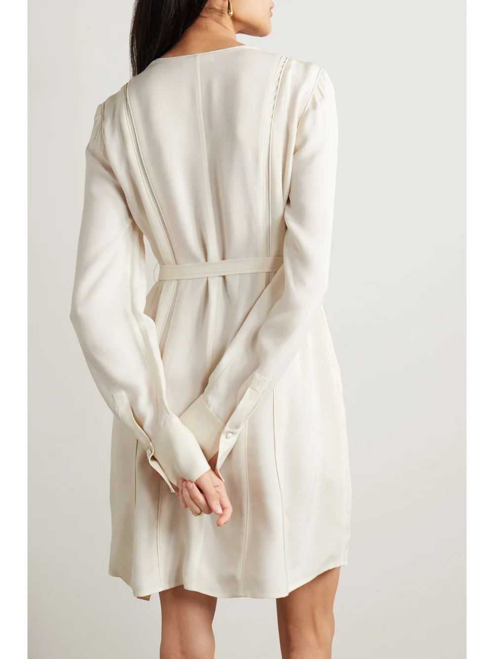 Back view of the Ulla Johnson Daisy Belted Paneled Crepe Mini Dress