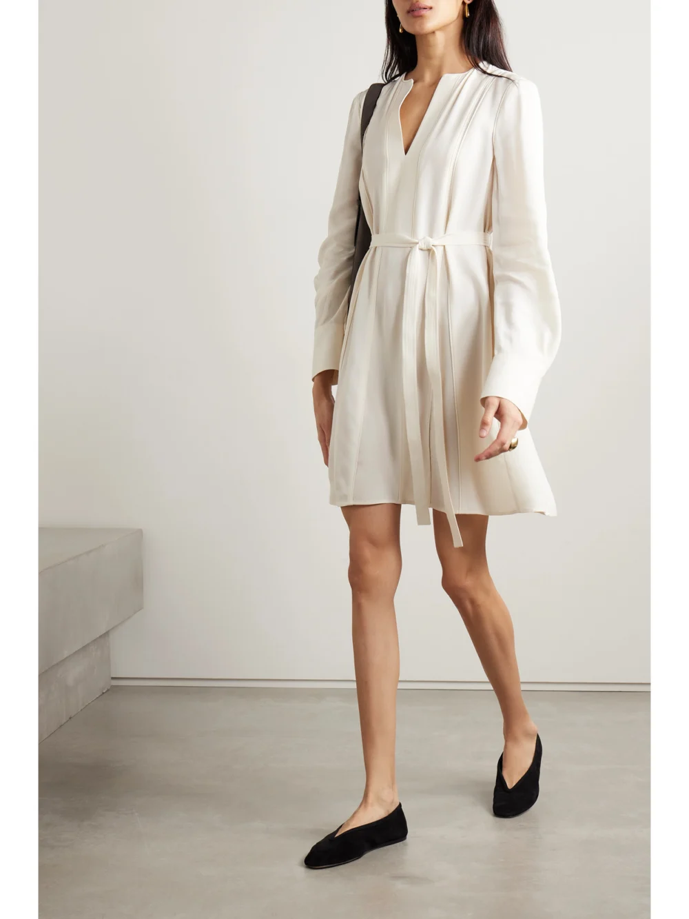 Ulla Johnson Daisy Belted Paneled Crepe Mini Dress, worn by a model