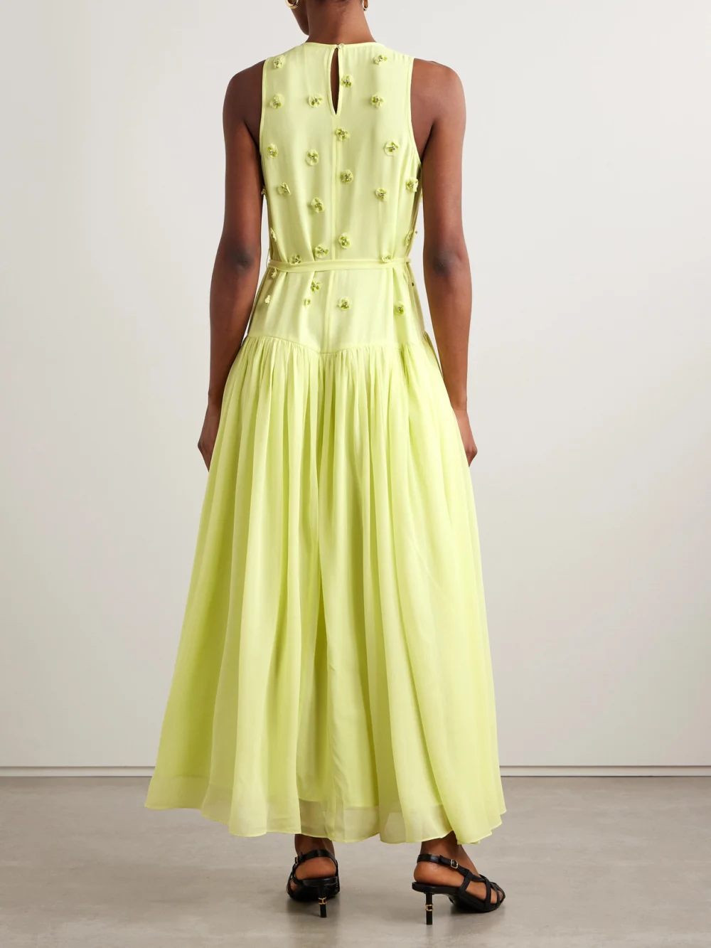 Back view of the Ulla Johnson Eleni Belted Embellished Silk-georgette Maxi Dress