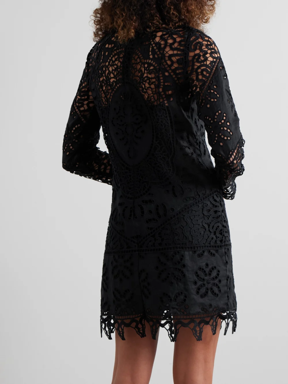 Back view of the Ulla Johnson Eleni Guipure Lace-trimmed Linen Mini Dress