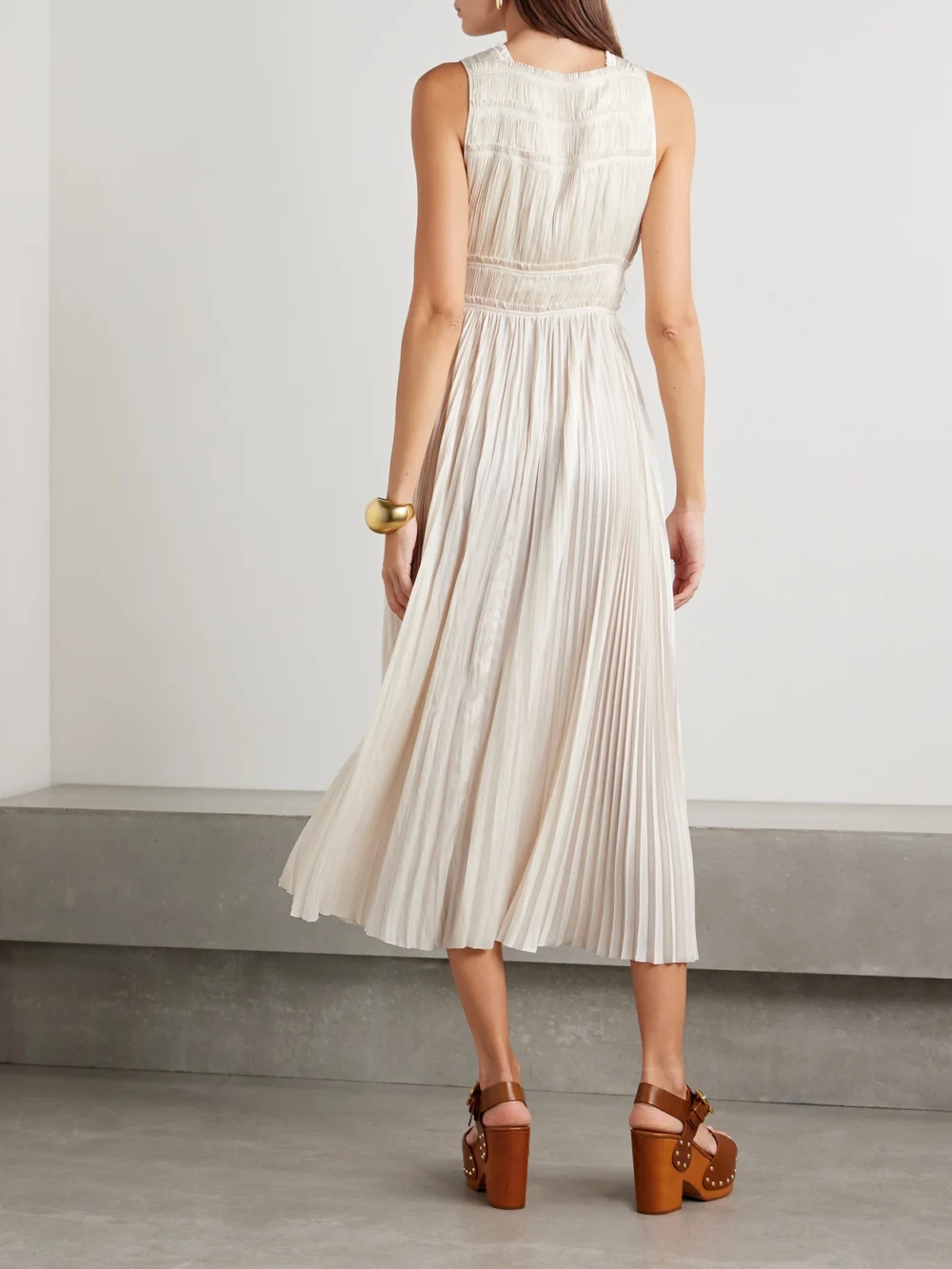Back view of the Ulla Johnson Elle Paneled Plissé-satin Midi Dress