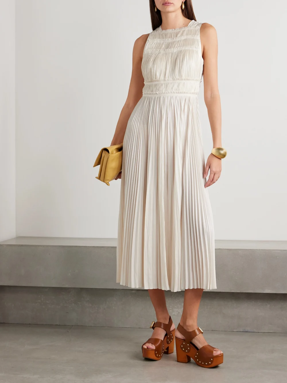 Ulla Johnson Elle Paneled Plissé-satin Midi Dress, worn by a model