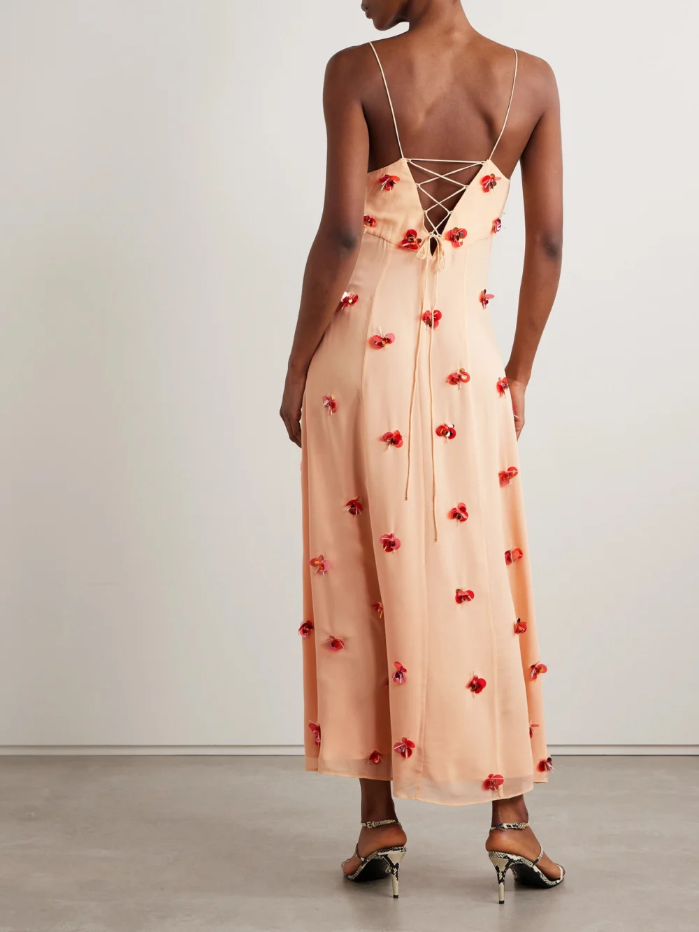 Back view of the Ulla Johnson Eve Embellished Silk-chiffon Midi Dress