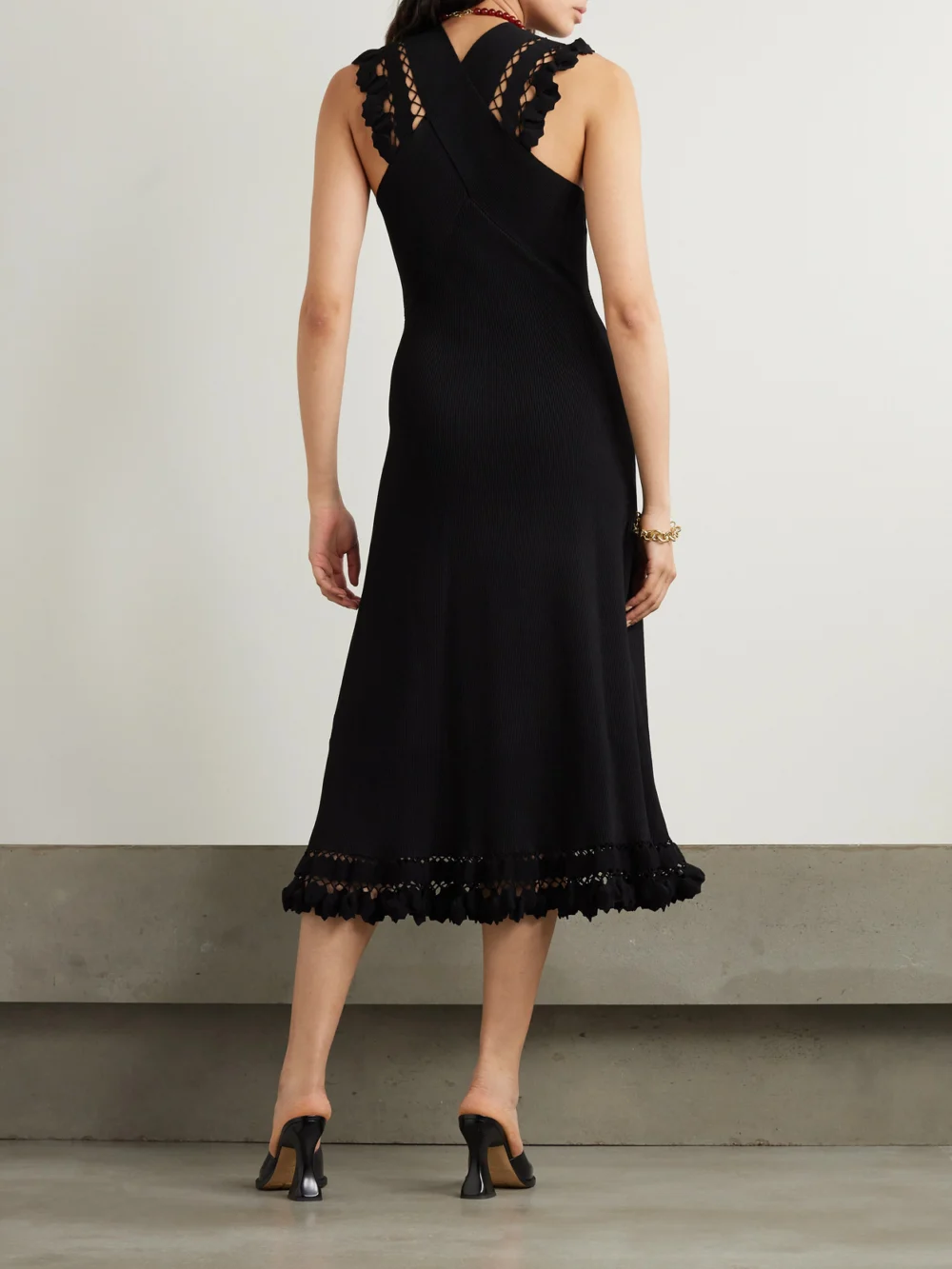 Back view of the Ulla Johnson Fiora Crochet-trimmed Ribbed Stretch-knit Midi Dress