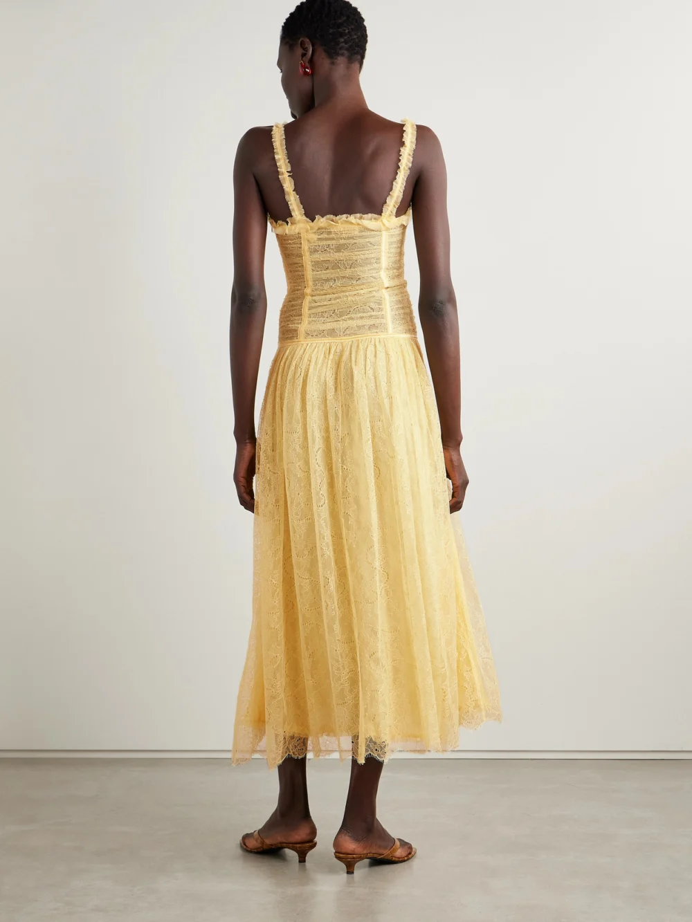 Back view of the Ulla Johnson Florelle Ruched Chantilly Lace Maxi Dress