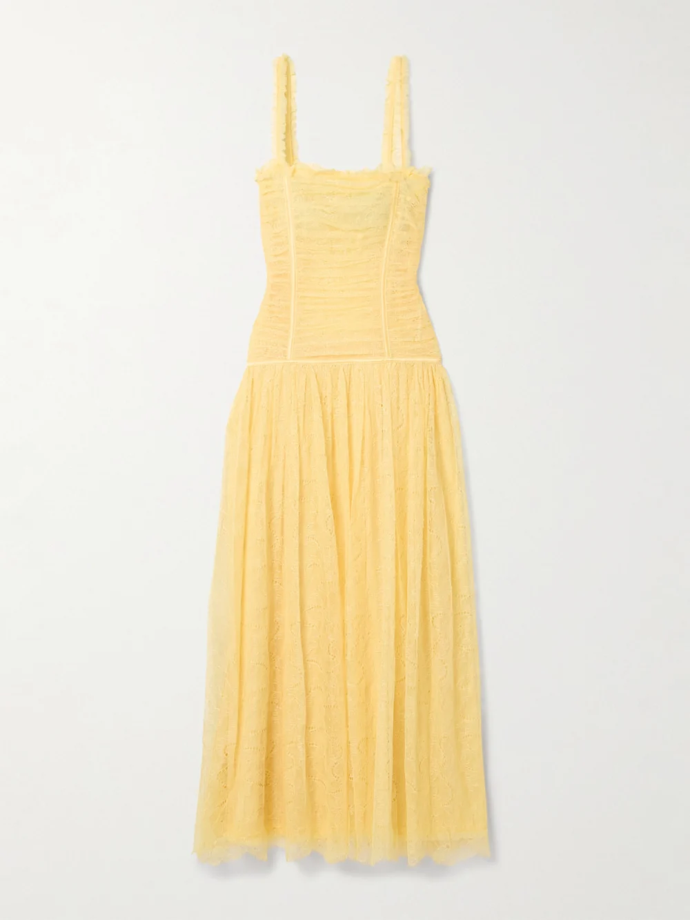 Ulla Johnson Florelle Ruched Chantilly Lace Maxi Dress in pastel yellow