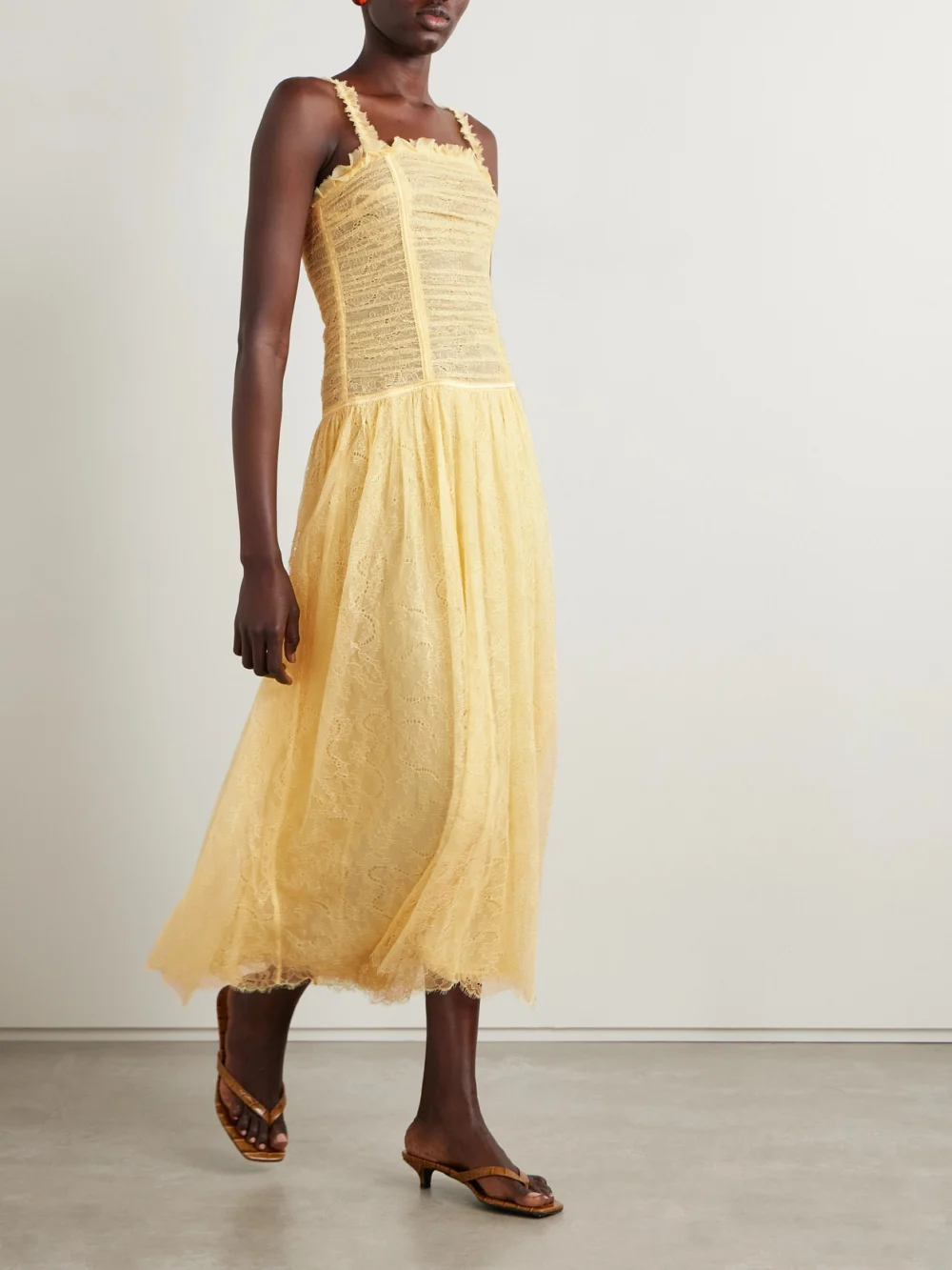 Ulla Johnson Florelle Ruched Chantilly Lace Maxi Dress, worn by a model
