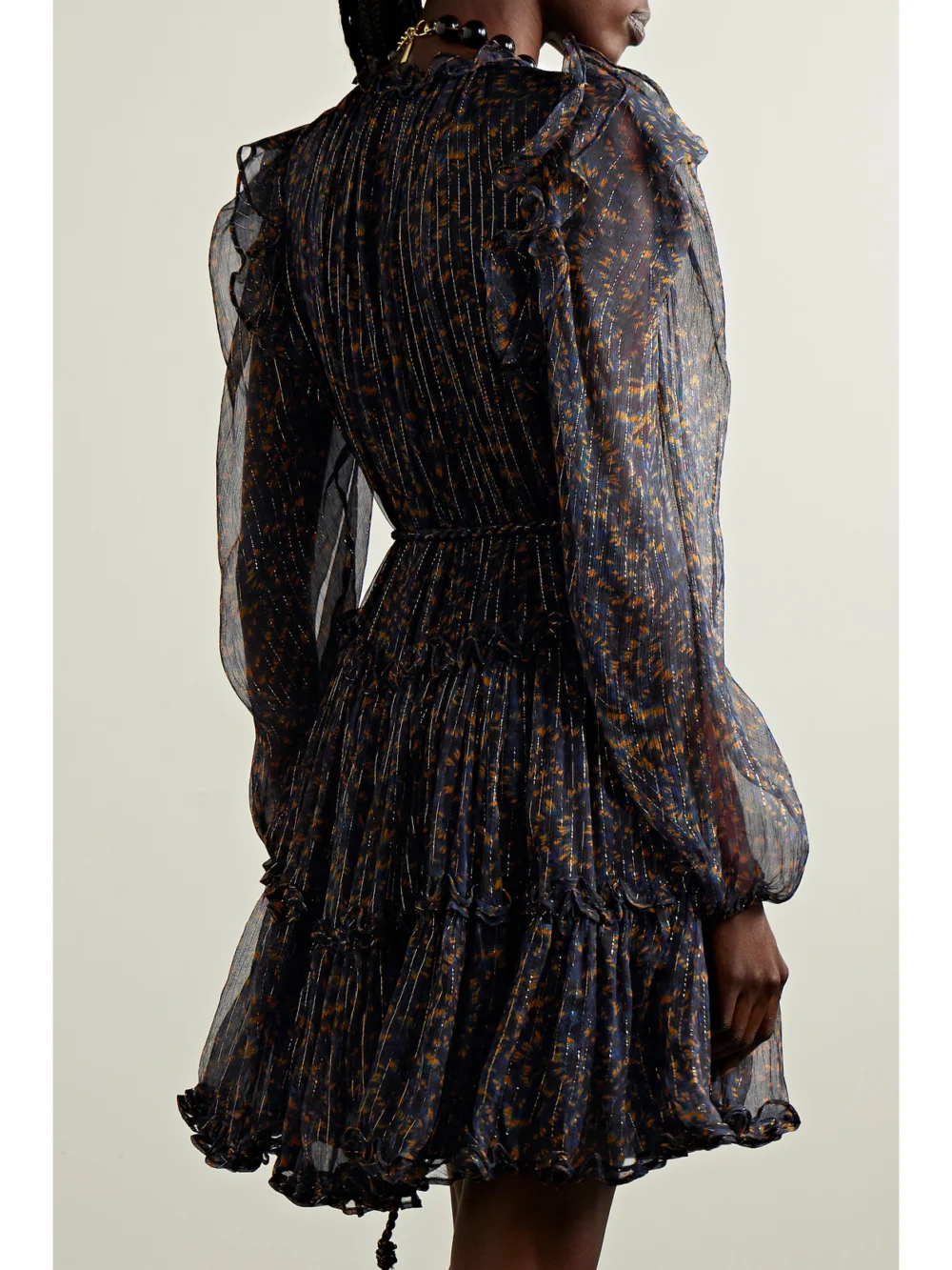 Back view of the Ulla Johnson Gaelle Ruffled Printed Metallic Silk-chiffon Mini Dress