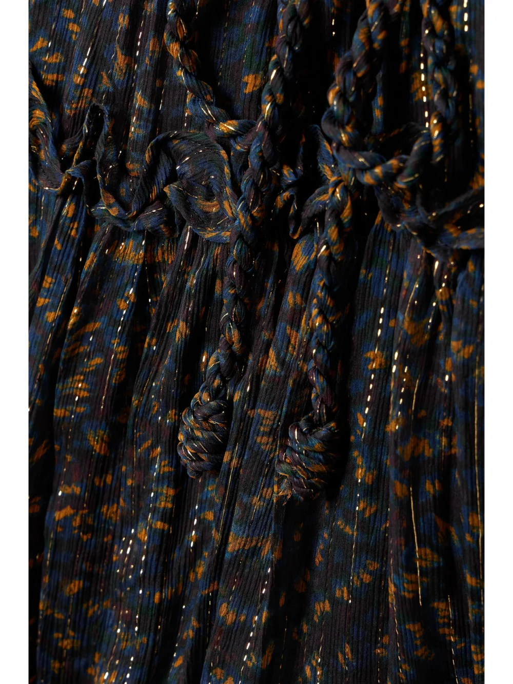Close-up detail of the Ulla Johnson Gaelle Ruffled Printed Metallic Silk-chiffon Mini Dress