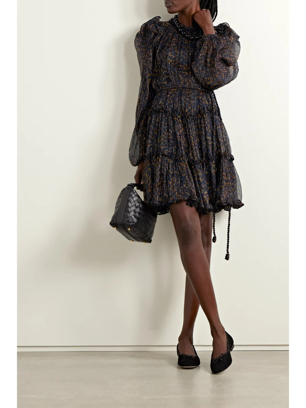 Ulla Johnson Gaelle Ruffled Printed Metallic Silk-chiffon Mini Dress, worn by a model