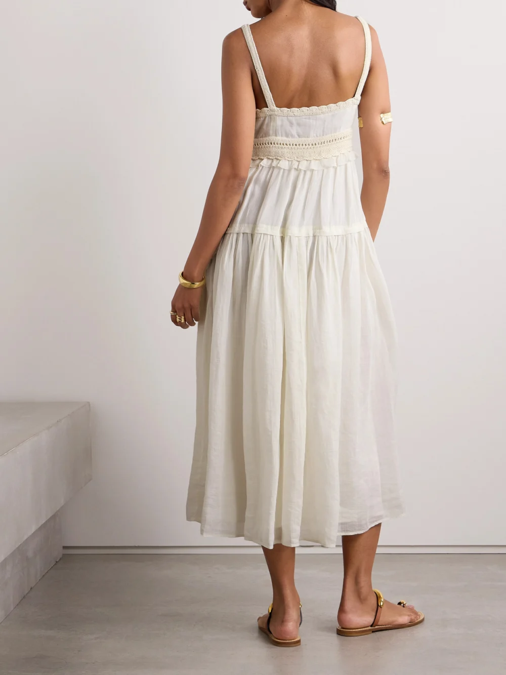Back view of the Ulla Johnson Gisella Ruffled Crocheted Cotton-trimmed Ramie Midi Dress