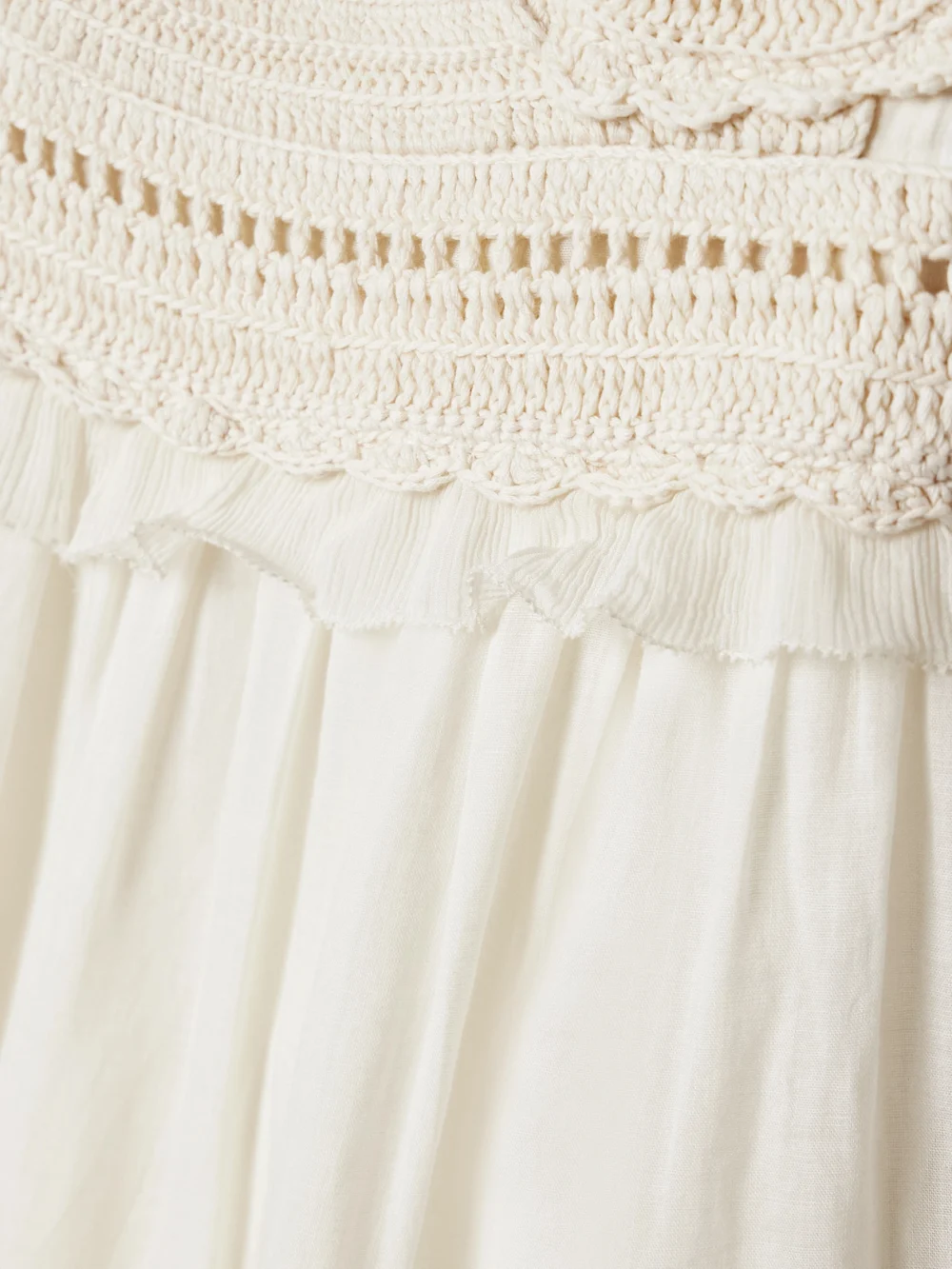 Close-up detail of the Ulla Johnson Gisella Ruffled Crocheted Cotton-trimmed Ramie Midi Dress