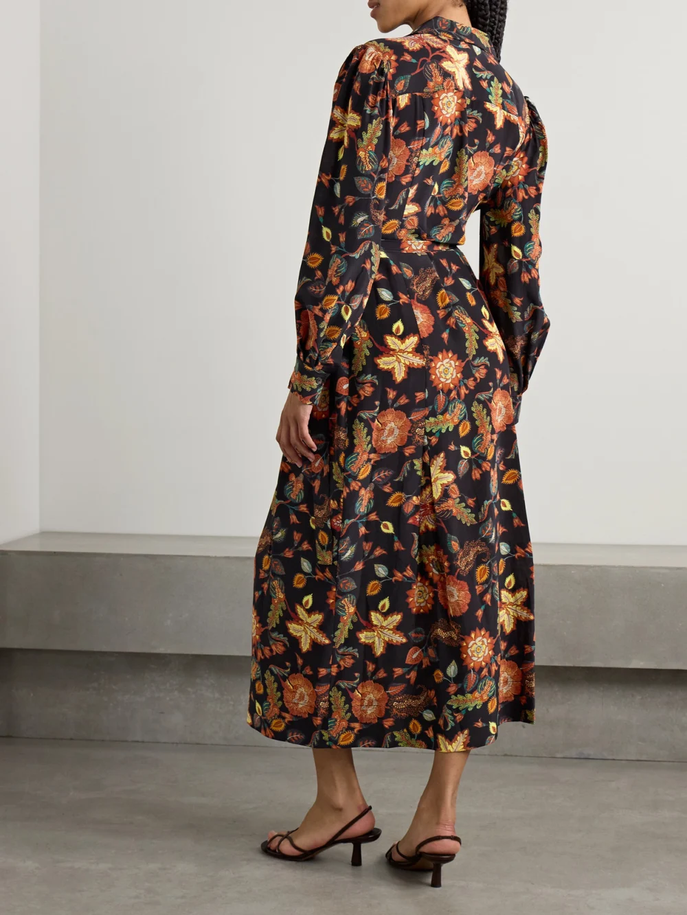 Back view of the Ulla Johnson Giselle Belted Floral-print Silk Midi Dress