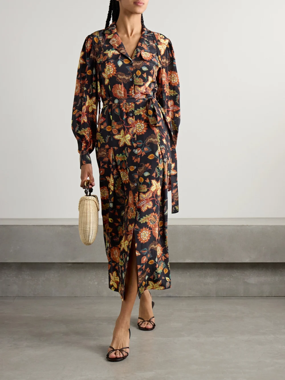 Ulla Johnson Giselle Belted Floral-print Silk Midi Dress, worn by a model