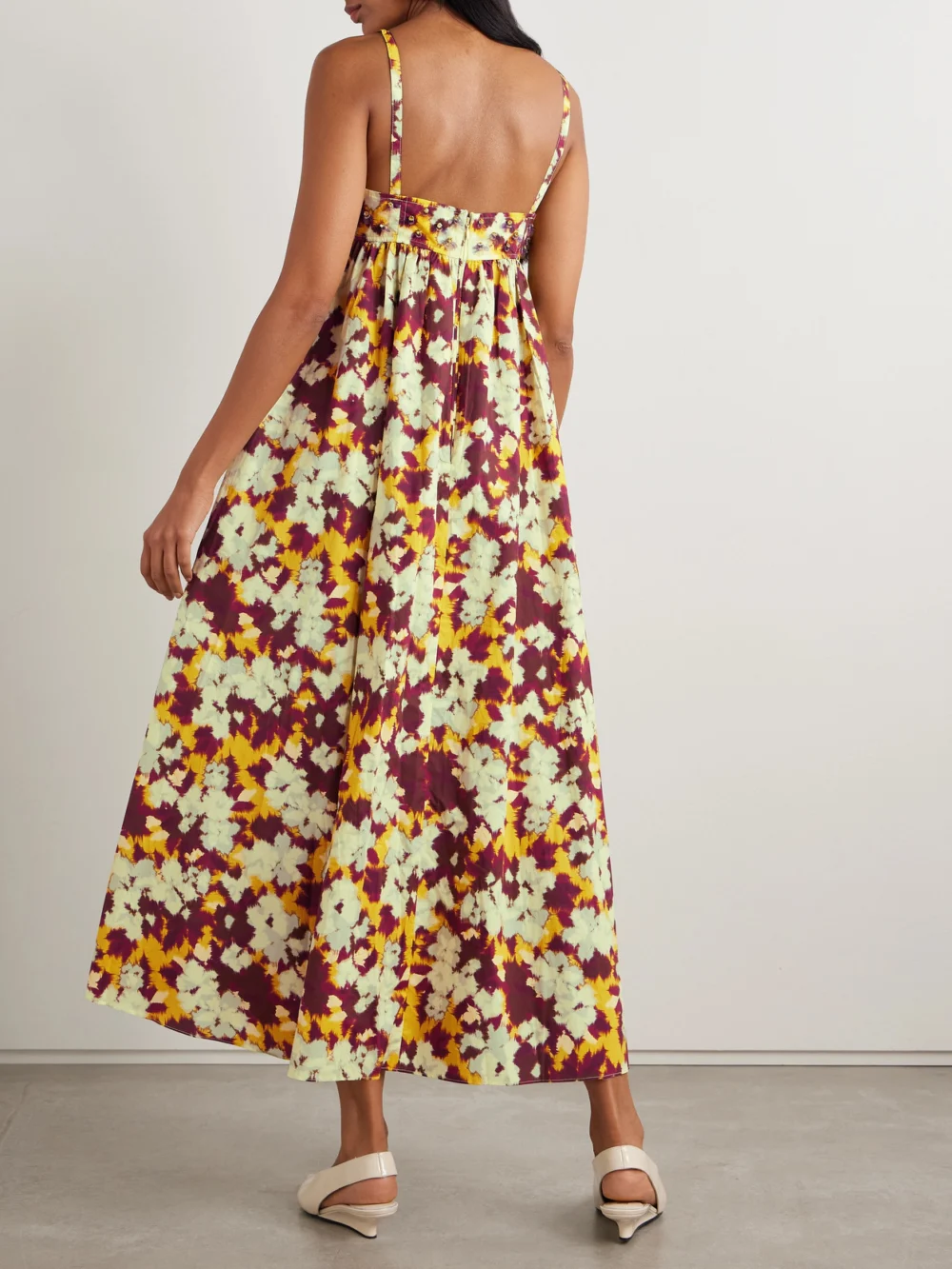 Back view of the Ulla Johnson Harlan Embellished Printed Cotton-poplin Midi Dress