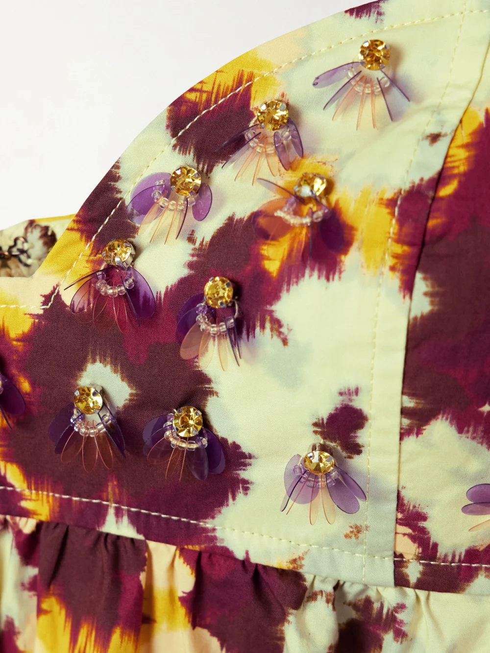 Close-up detail of the Ulla Johnson Harlan Embellished Printed Cotton-poplin Midi Dress