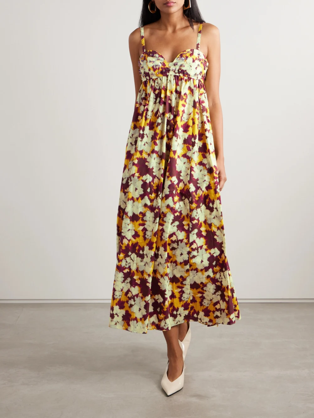 Ulla Johnson Harlan Embellished Printed Cotton-poplin Midi Dress, worn by a model