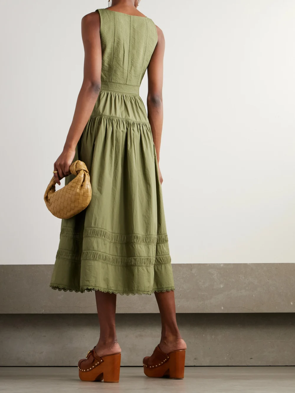 Back view of the Ulla Johnson Isadora Tiered Lace-trimmed Cotton-poplin Midi Dress