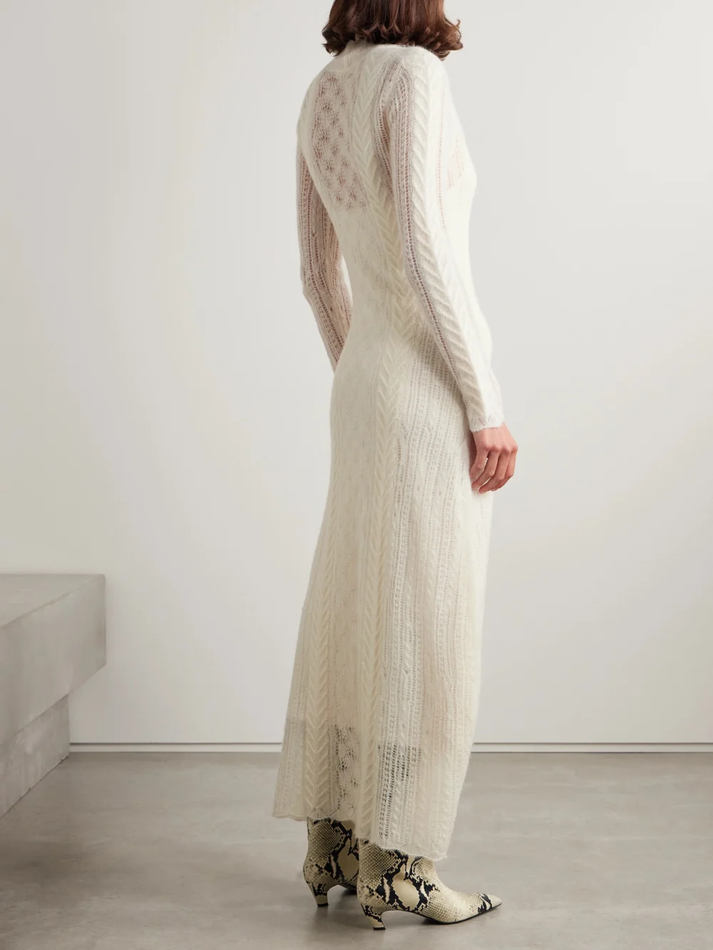 Back view of the Ulla Johnson Kassia Pointelle-knit Alpaca-blend Turtleneck Maxi Dress