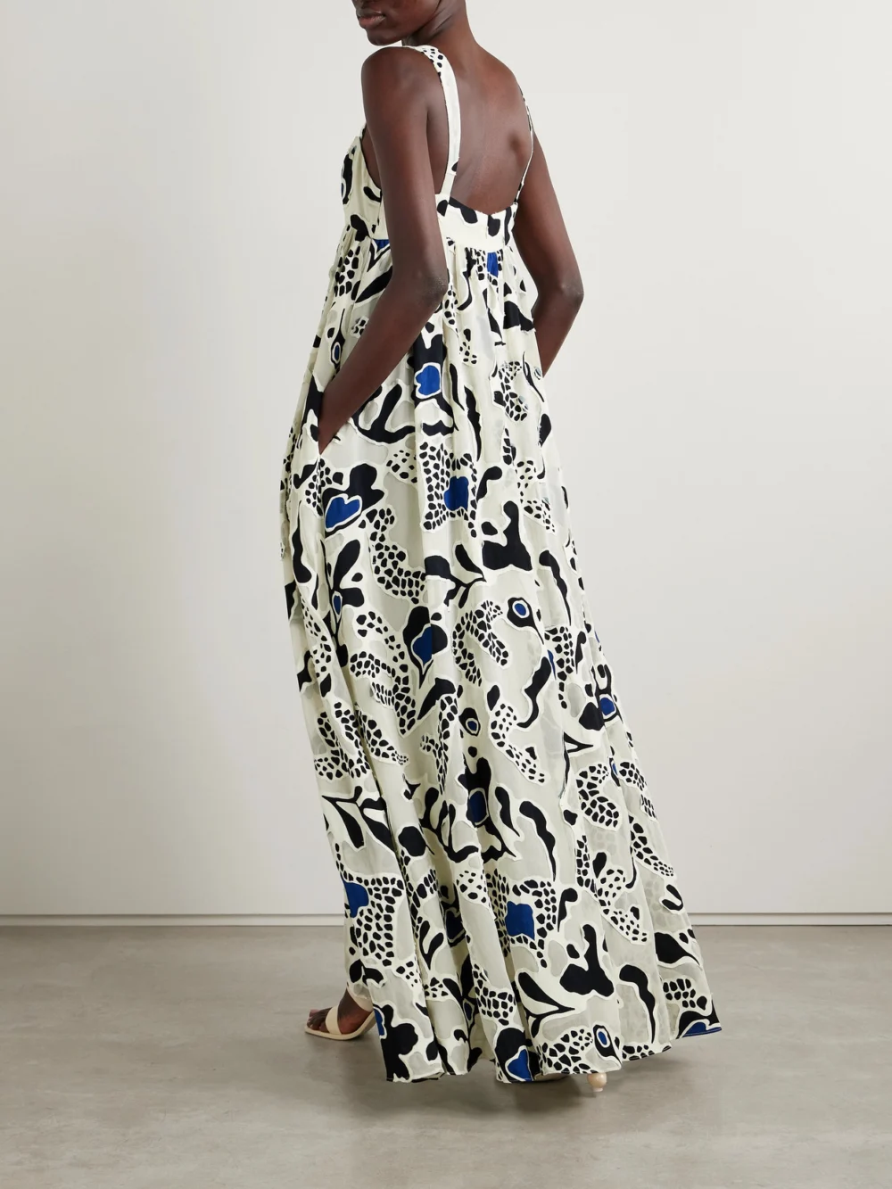 Back view of the Ulla Johnson Leilani Appliquéd Printed Crepe Maxi Dress