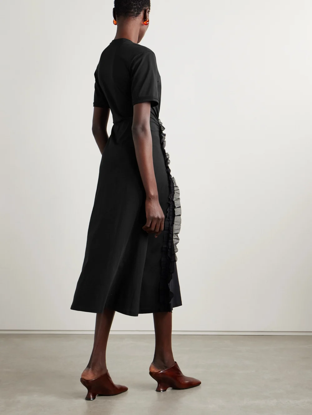 Back view of the Ulla Johnson Lilia Crepon-trimmed Ruched Organic Cotton-jersey Midi Dress