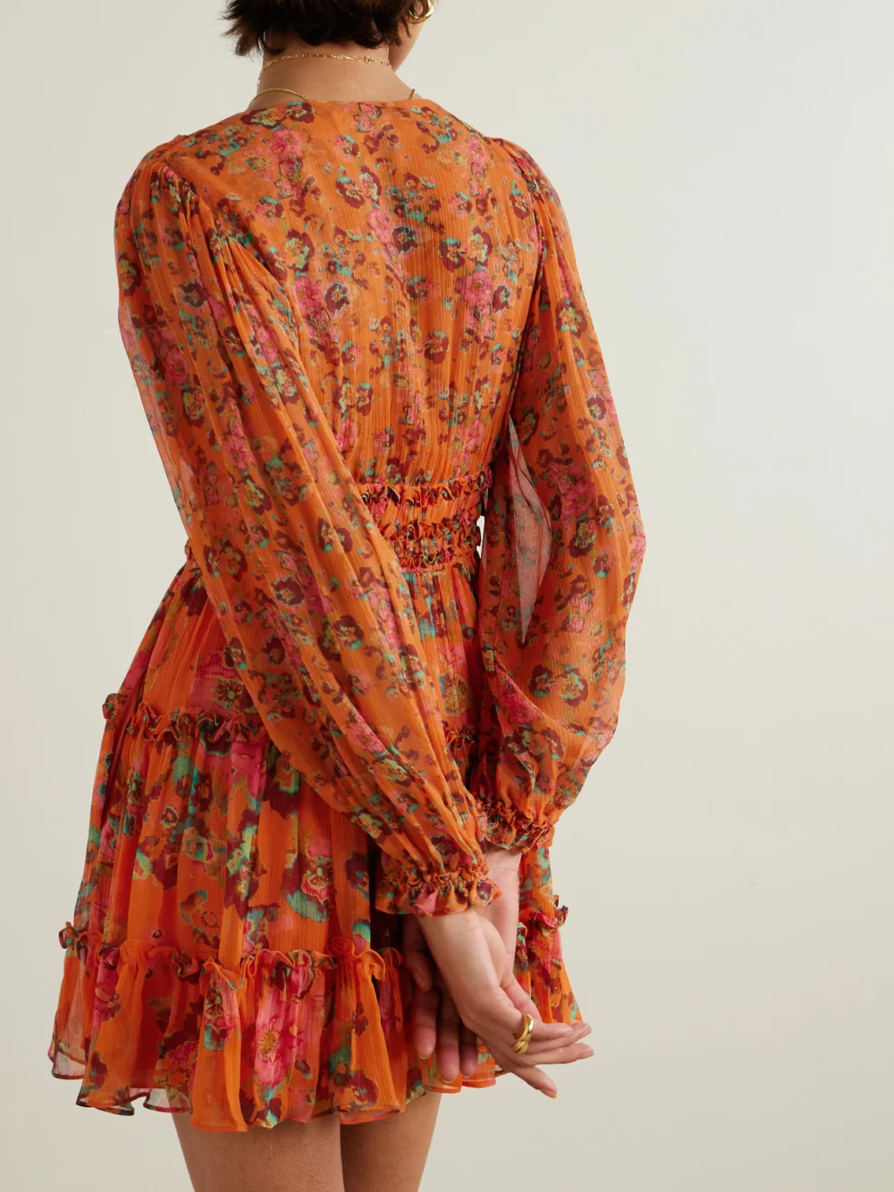 Back view of the Ulla Johnson Lya Ruffled Floral-print Silk-crepon Mini Dress