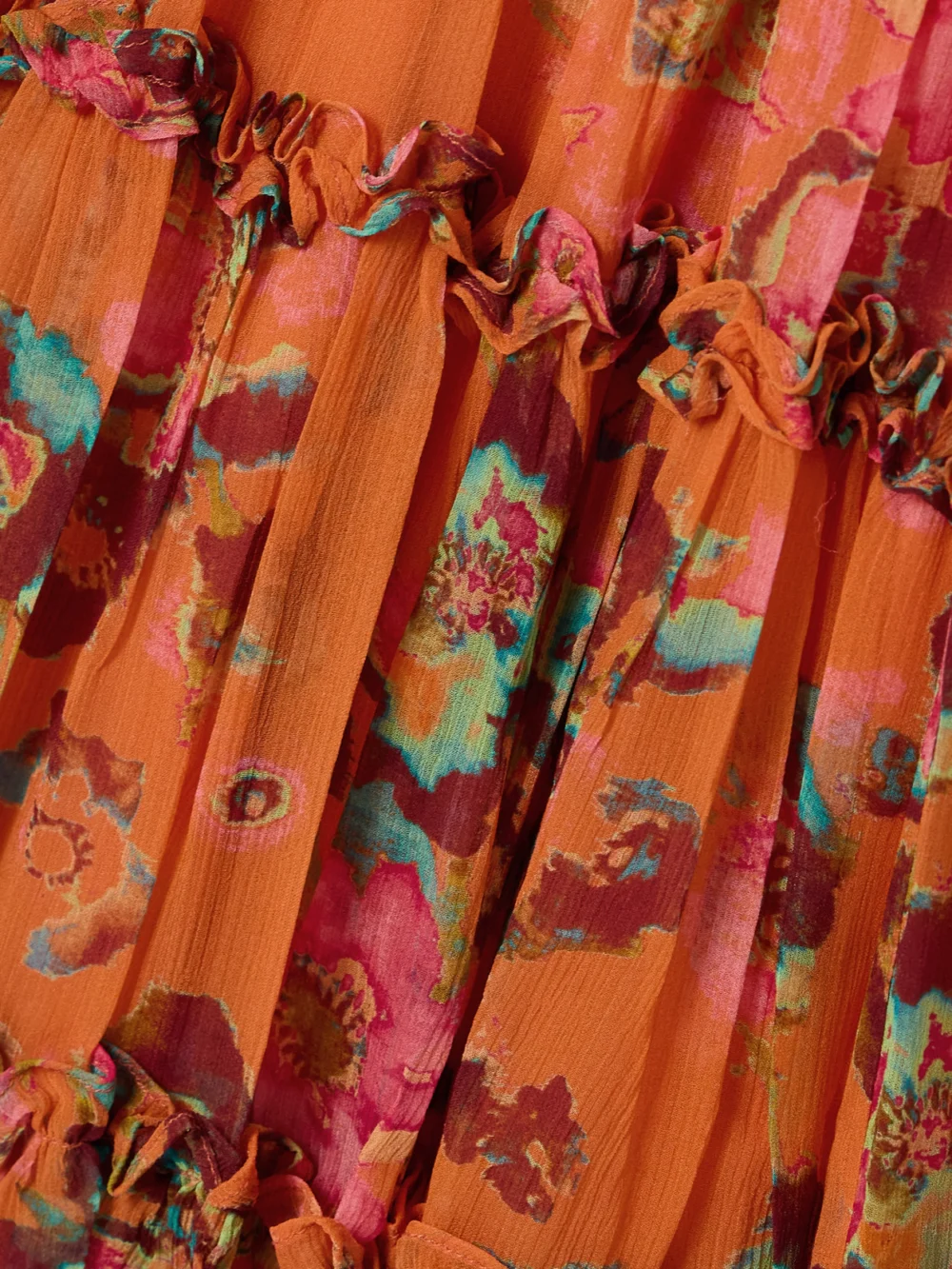 Close-up detail of the Ulla Johnson Lya Ruffled Floral-print Silk-crepon Mini Dress