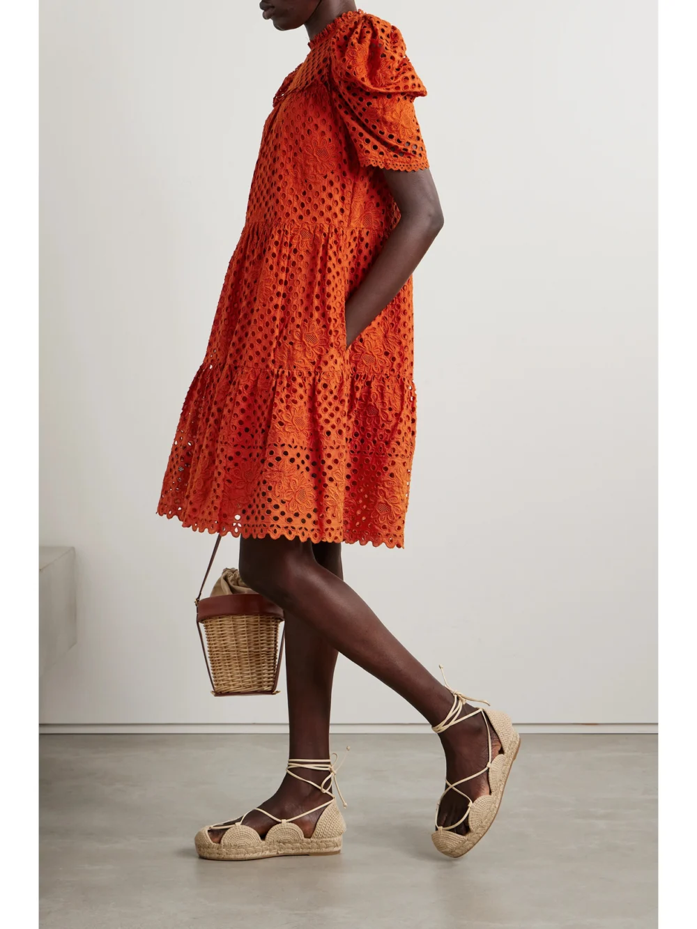 Ulla Johnson Simone Tiered Broderie Anglaise Cotton Dress, worn by a model