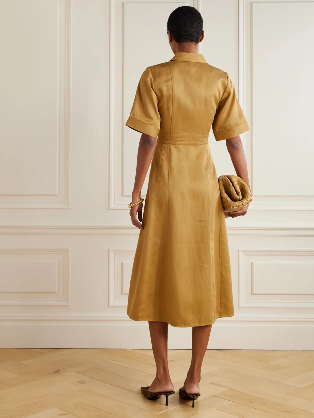Back view of the Ulla Johnson Vallis Lyocell-blend Twill Midi Shirt Dress