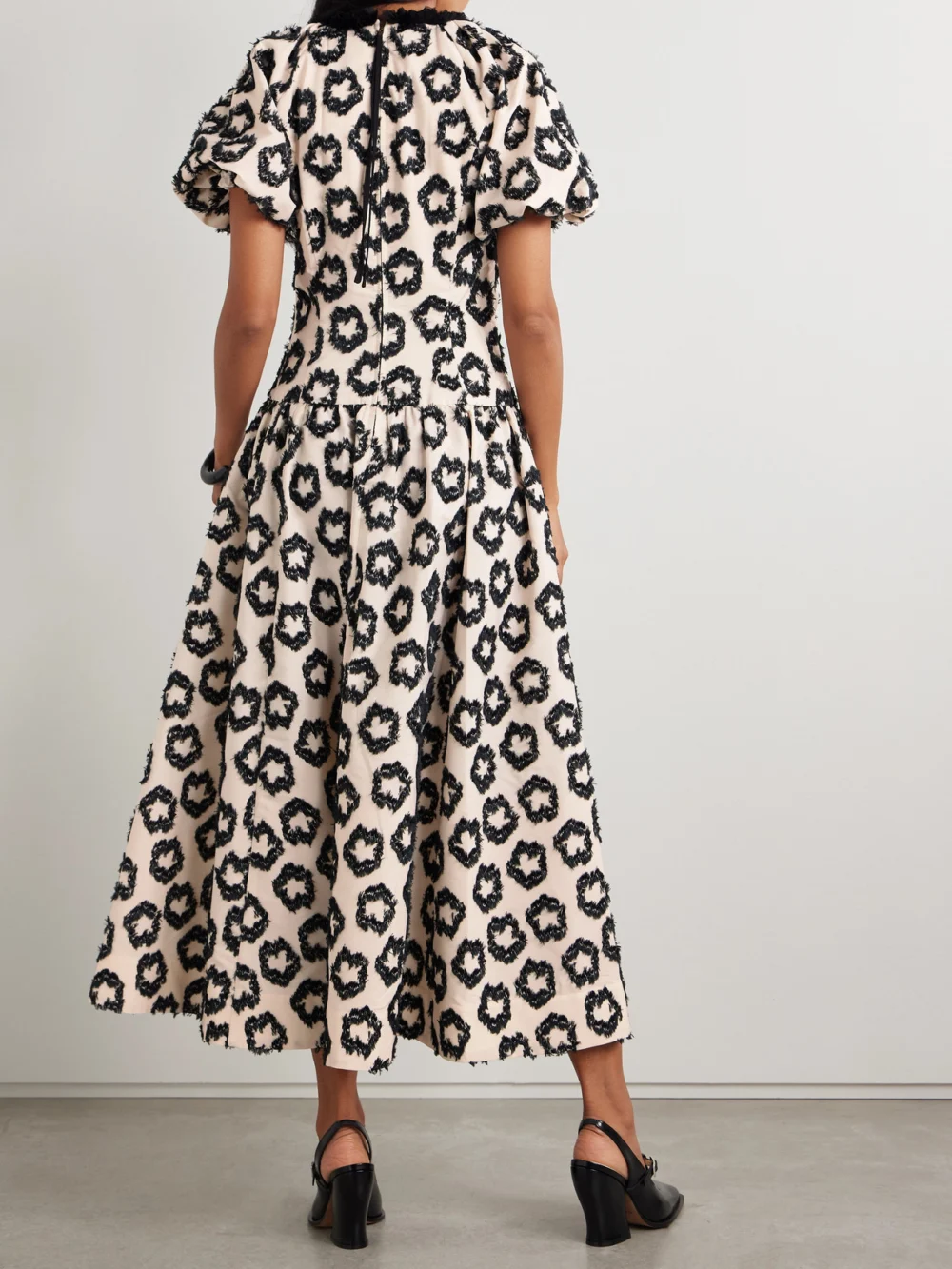 Back view of the Ulla Johnson Violeta Chiffon-trimmed Ruched Fil Coupé Recycled-faille Midi Dress