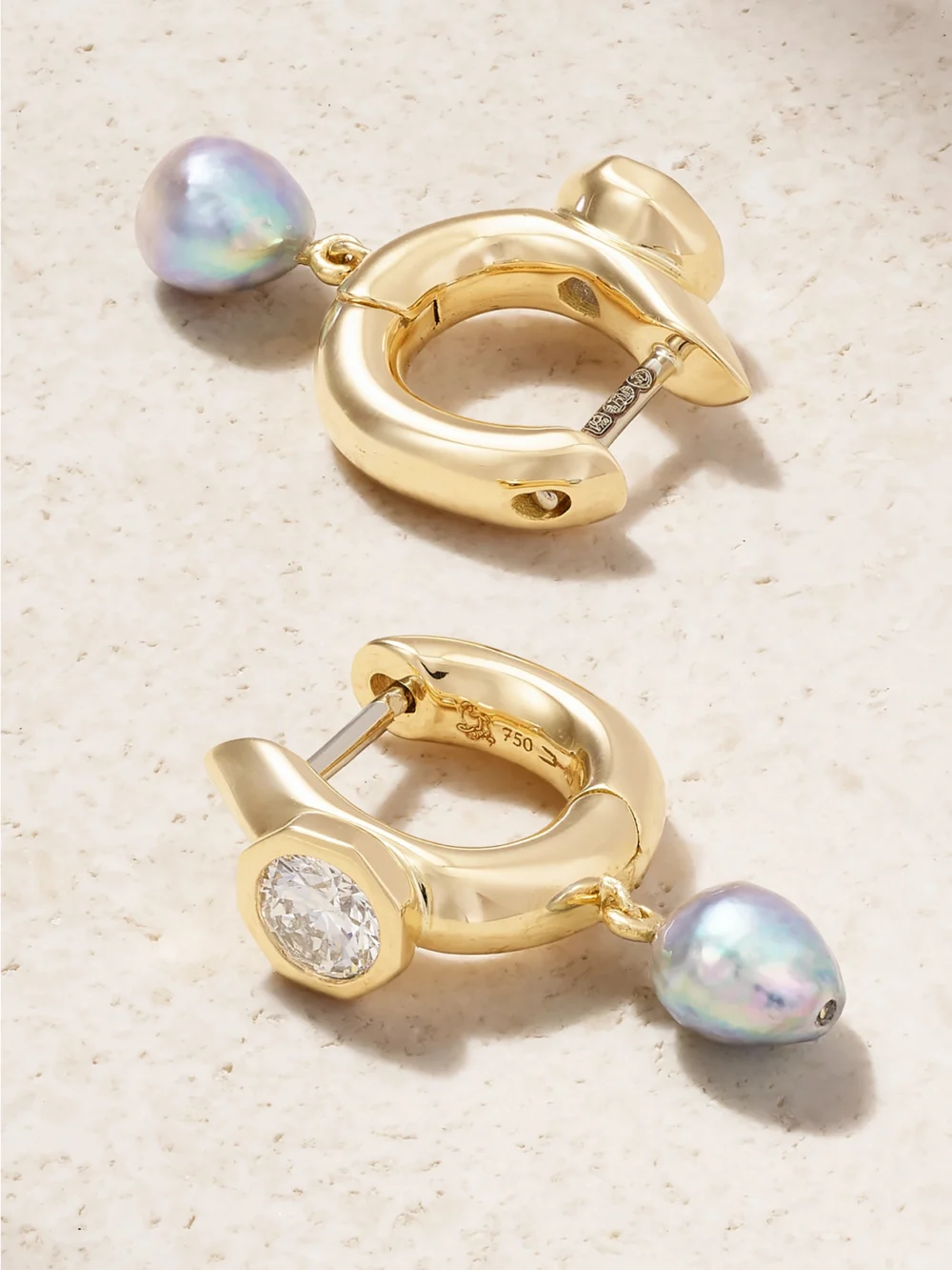 Close-up detail of the Uniform Object Machine 18-karat Gold, Diamond and Pearl Hoop Earrings