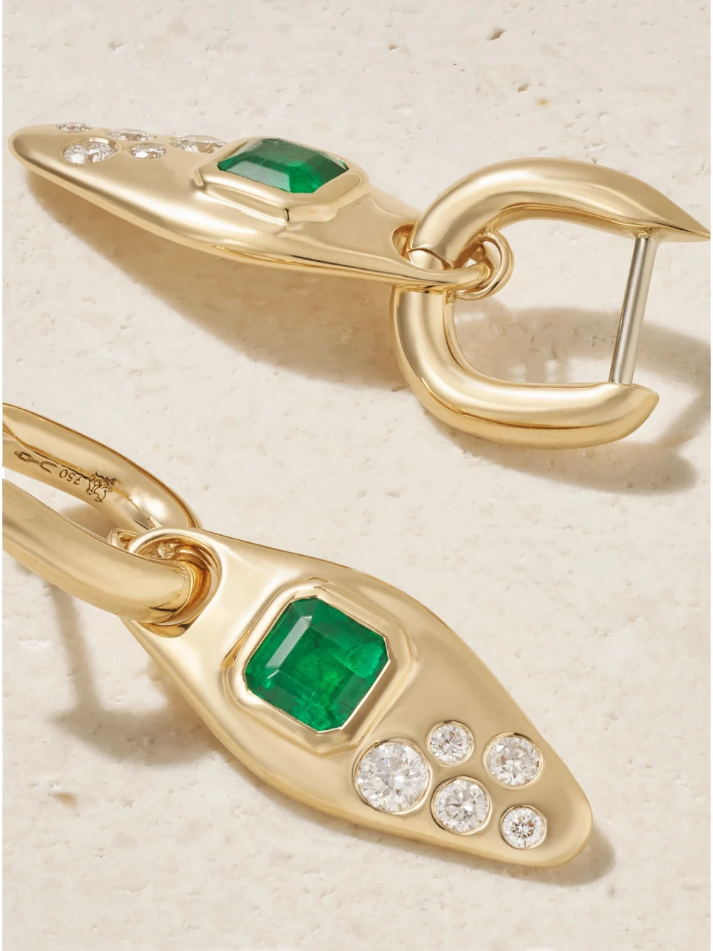 Back view of the Uniform Object Vessel 18-karat Gold, Emerald and Diamond Earrings