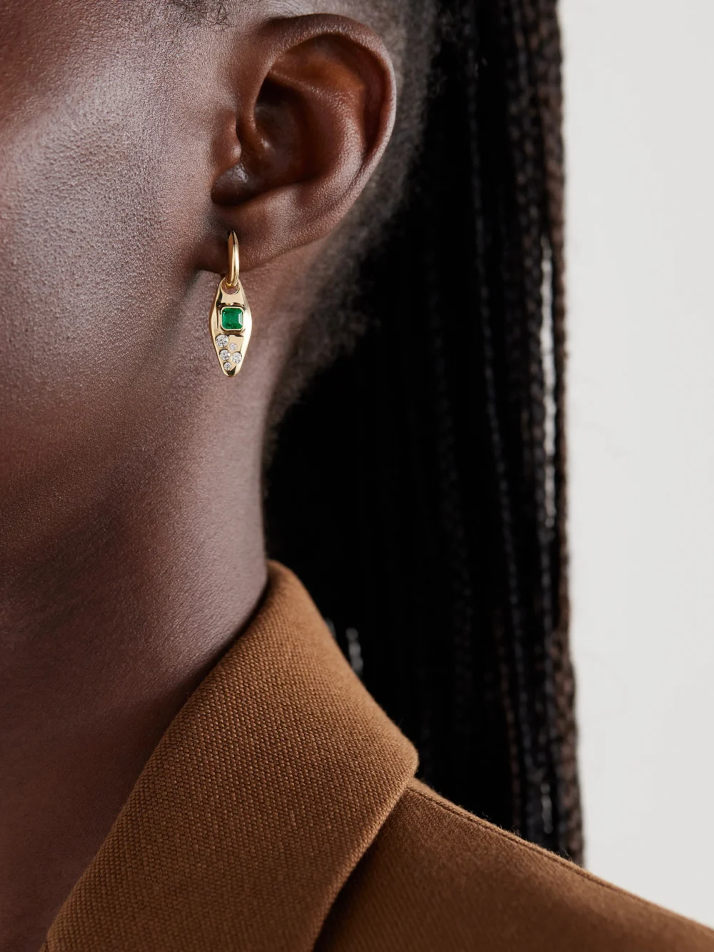 Uniform Object Vessel 18-karat Gold, Emerald and Diamond Earrings, styled view