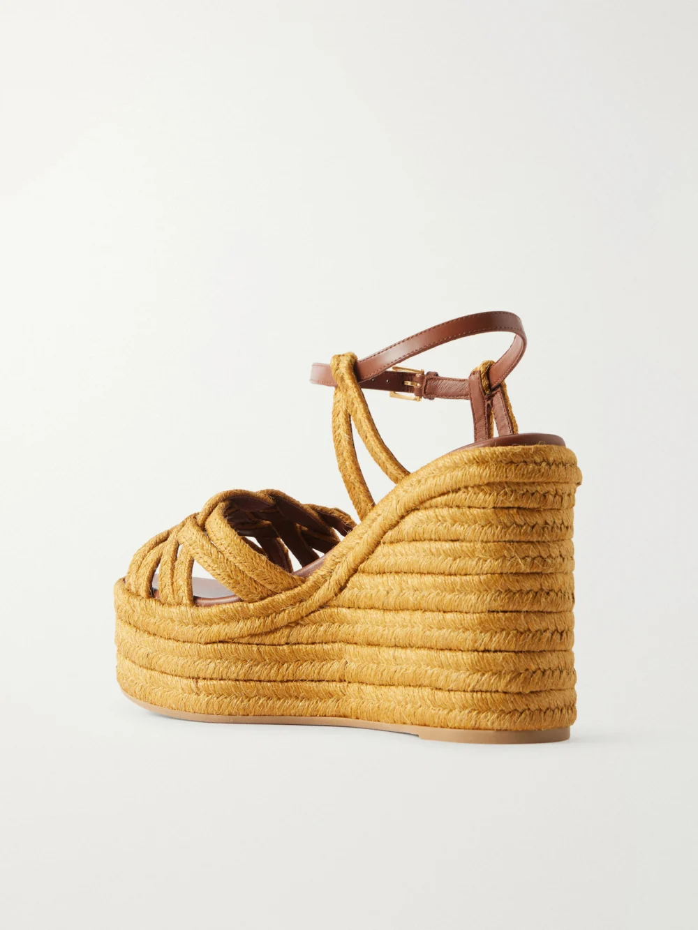 Back view of the Valentino Garavani 120 Leather-trimmed Raffia Wedge Sandals