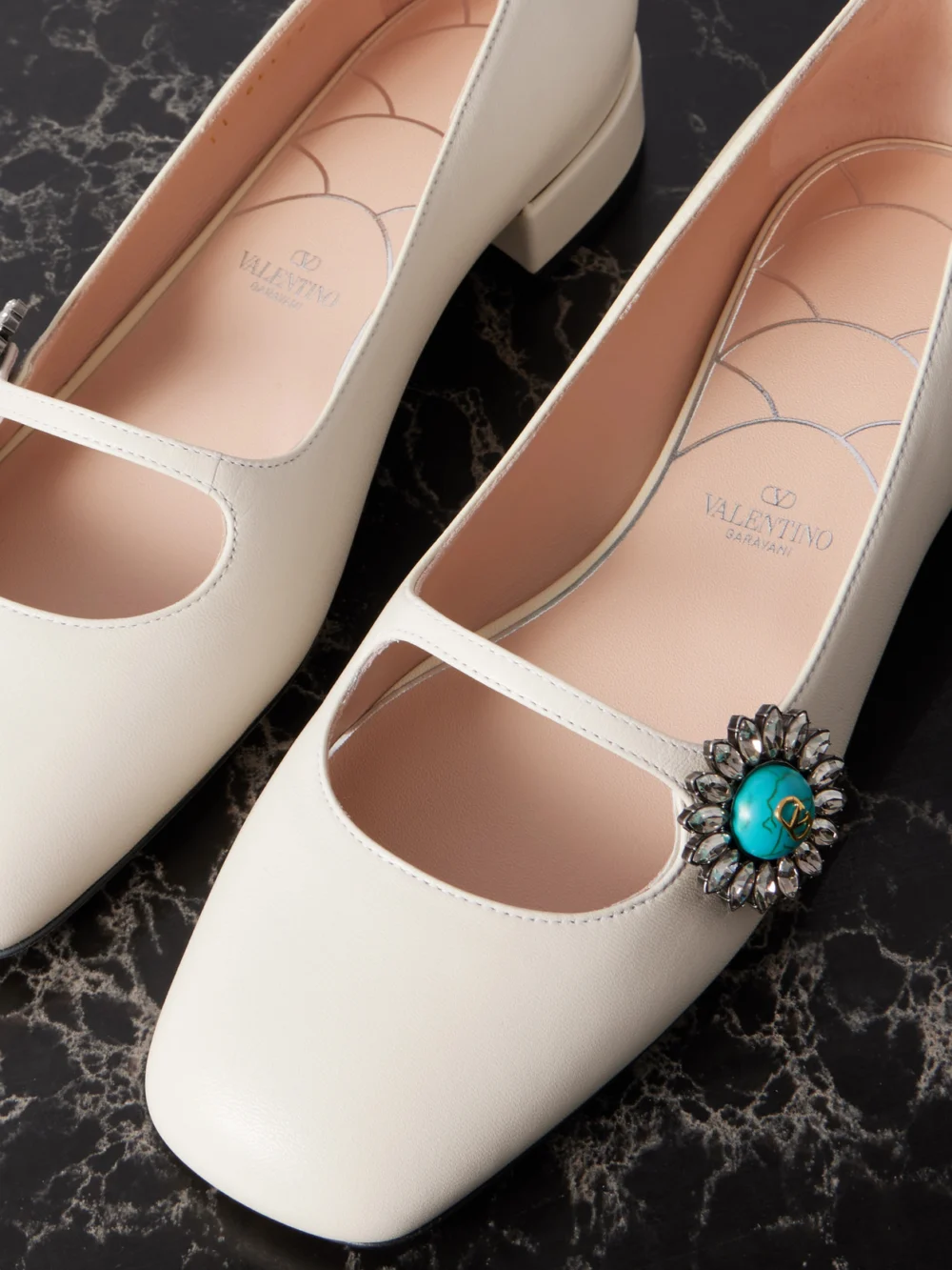 Close-up detail of the Valentino Garavani Ballerina 20 Embellished Leather Flats