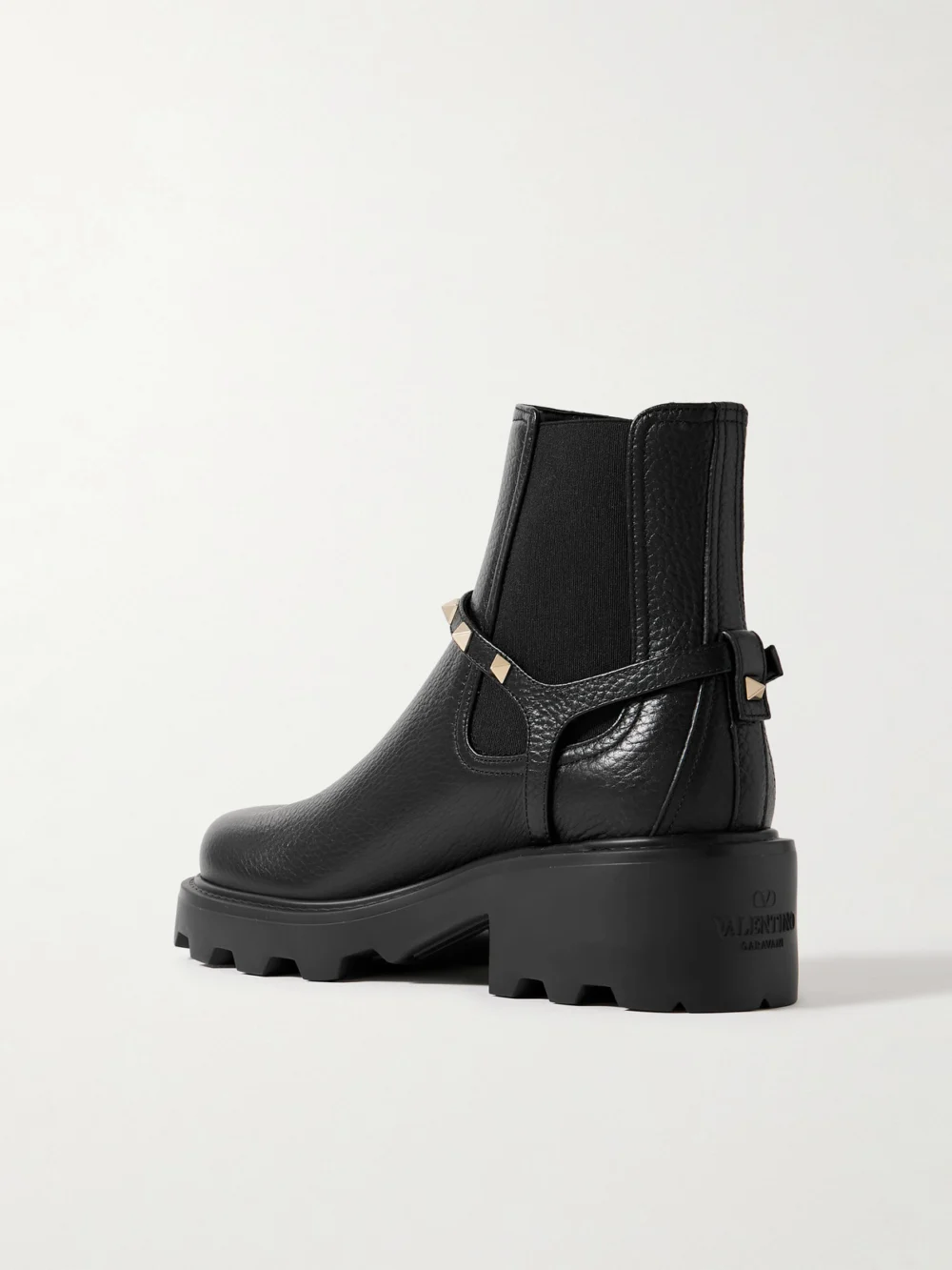 Back view of the Valentino Garavani Beatle Rockstud 55 Leather Chelsea Boots