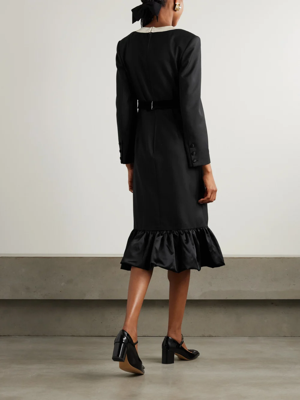 Back view of the Valentino Garavani Belted Bow-embellished Velvet and Ottoman-trimmed Wool Midi Dress